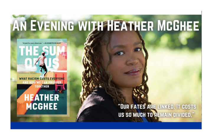 Flyer reading an evening with heather McGhee and a woman on the flyer