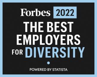 Black square with white text reading Forbes the Best Employers for Diversity 2022